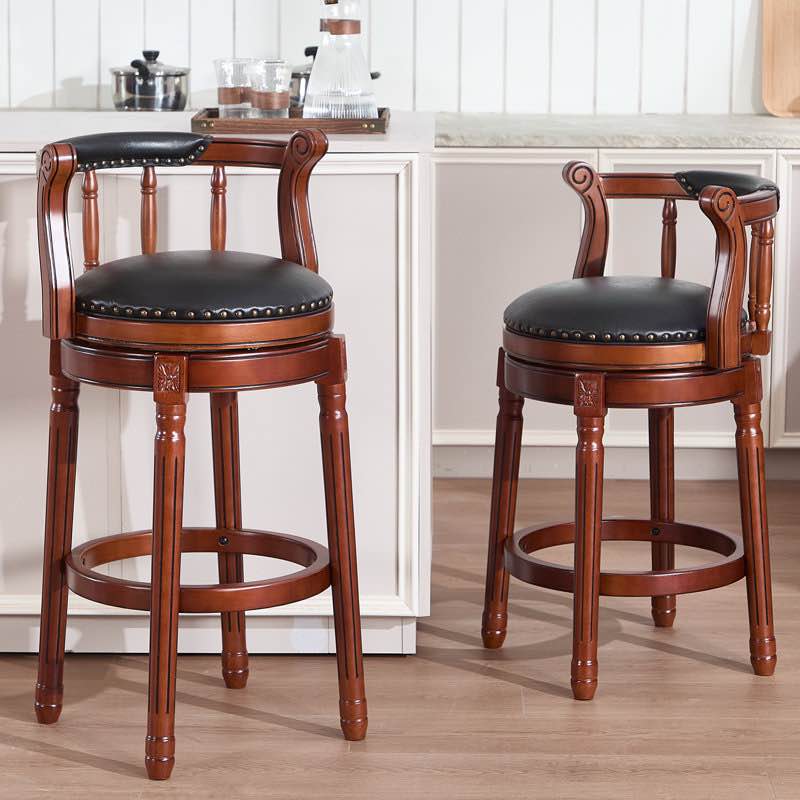 Swivel Bar Stool with Top-Grain Leather Seat, Hollow Back Design, Solid Wood Frame & Footrest for Kitchen, Dining, or Living Room - One Chair