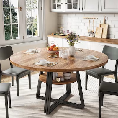 47.2 inch Round Dining Table for 4 6 Farmhouse Kitchen Table with Storage Shelf Sturdy Metal Legs Space Saving Circle Table Retro