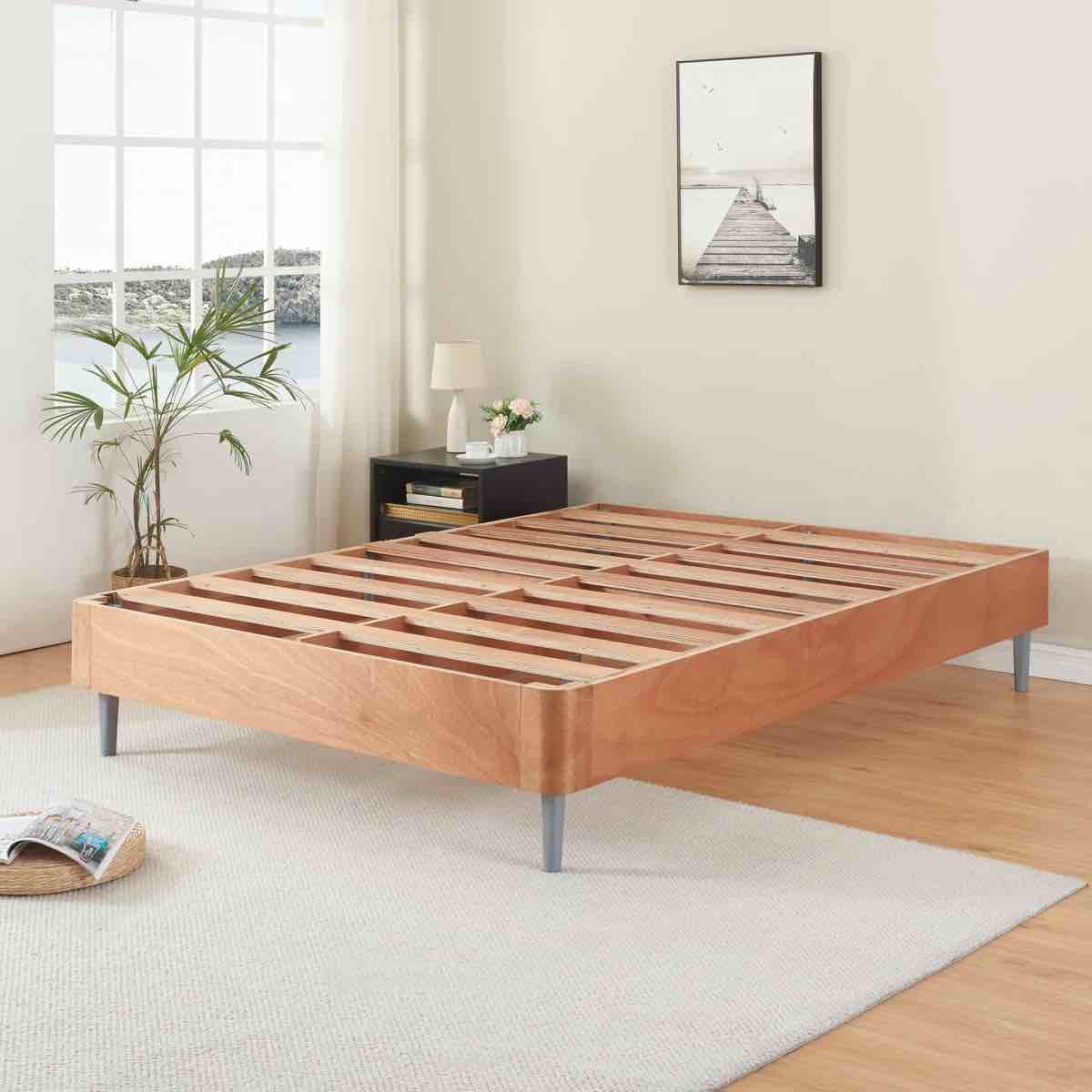Aurora Wood Platform Bed With Removable Upholstered Cover, No Box Spring Needed, Tool Free Assembly, Noise Free King