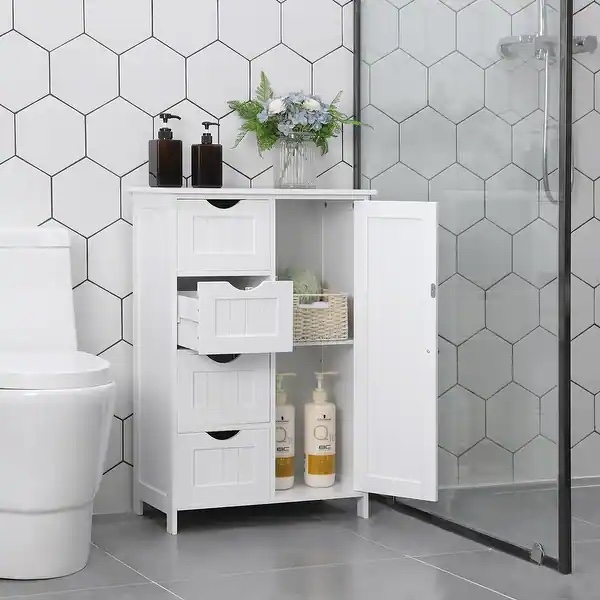 bathroom storage floor cabinet with adjustable shelf and drawers, white