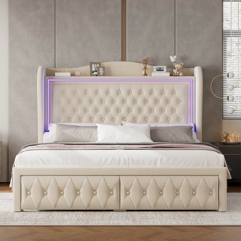 Kaliya Queen Velvet Upholstered Platform Bed: Wingback Headboard with LED Lighting & 2 Storage Drawers, Solid Wood Frame