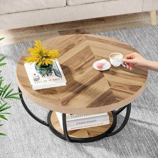 (2) Tribesigns Natural Round Coffee Table, 31.7" Modern 2-Tier Circle Coffee Table with Storage Shelves, Accent Cocktail Table Center Table for Living Room