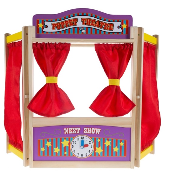 Hey! Play! Wooden Tabletop Puppet Theater with Curtains, Blackboard, and Clock- Inspires Imagination and Creativity for Kids, Boys and Girls
