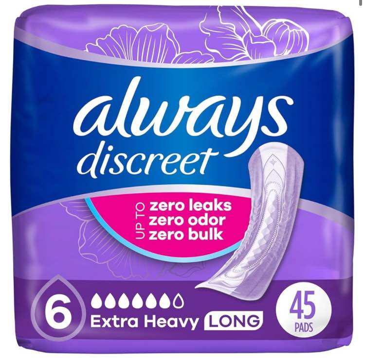 Always Discreet Incontinence Pads  Extra Heavy Absorbency  Long Length  45 CT