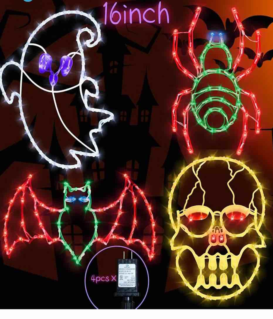 Halloween Window Lights - 16" Halloween Window Silhouette Holiday Displays - 4 Pack Colour Lighted Bats & Ghost & Spider & Skull Head for Holiday Indoor and Outdoor Wall Door Window Decorate