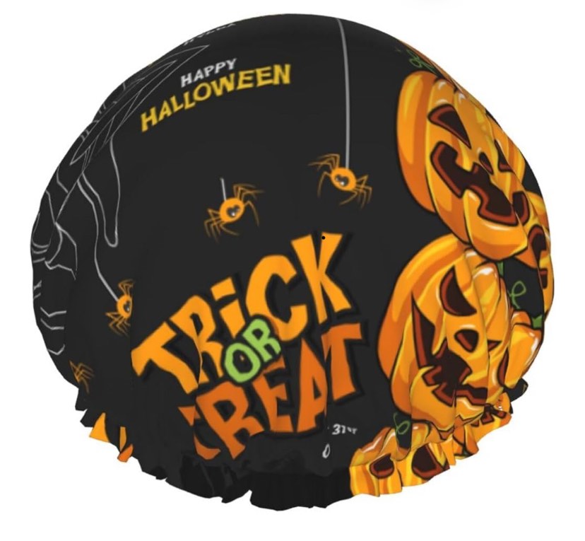 Hair Cap for Shower - Halloween Pumpkin Trick or Treat k Double Layer Shower Cap Reusable, Large Shower Cap for Women, Hair Cap for Shower with Peva Lining and Elastic Rope
