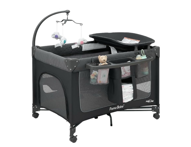 Pamo Babe 3-in-1 Baby Playard, Basic Magic Fold Nursery Center with Zip Door & Changing Table, One Second to Set Play Yard