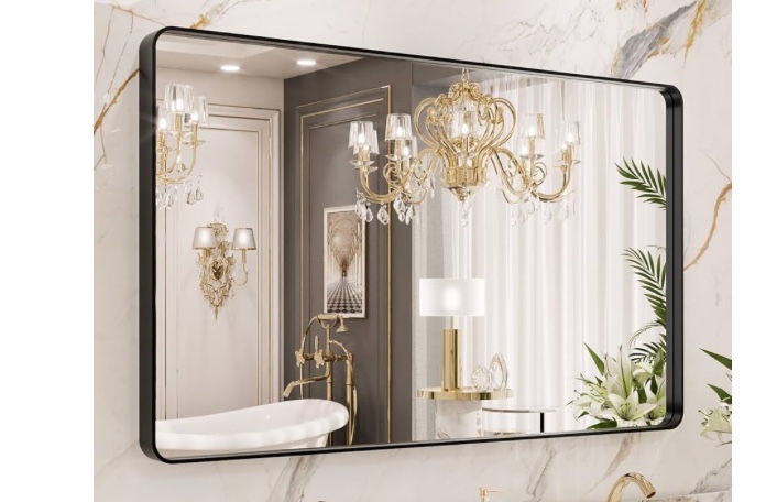 LOAAO 40x24 Inch Black Metal Framed Bathroom Mirror for Wall, Matte Black Bathroom Vanity Mirror Farmhouse, Large Rounded Rectangle Mirror, Anti-Rust, Tempered Glass, Hangs Horizontally or Vertically