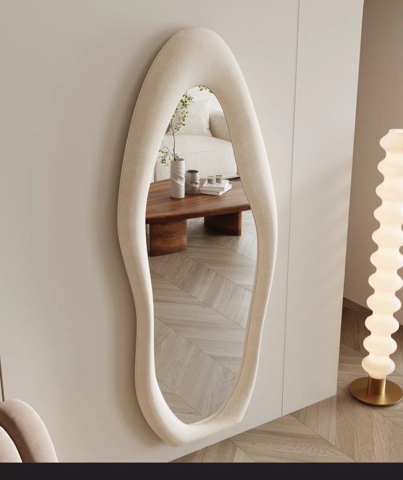 full length mirror 63"x24", irregular wavy mirror, arched floor mirror, wall mirror standing hanging or leaning against wall for bedroom, flannel wrapped wooden frame mirror