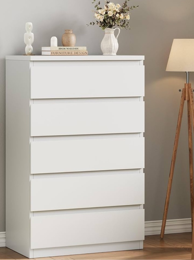 Modern White 5 Drawer Dresser for Bedroom, 15" D x 23.7" W x 40.4" H in Simply Chest of Drawers, Wood Storage Dresser with Deep Drawers for Living Room Hallway Entryway, White