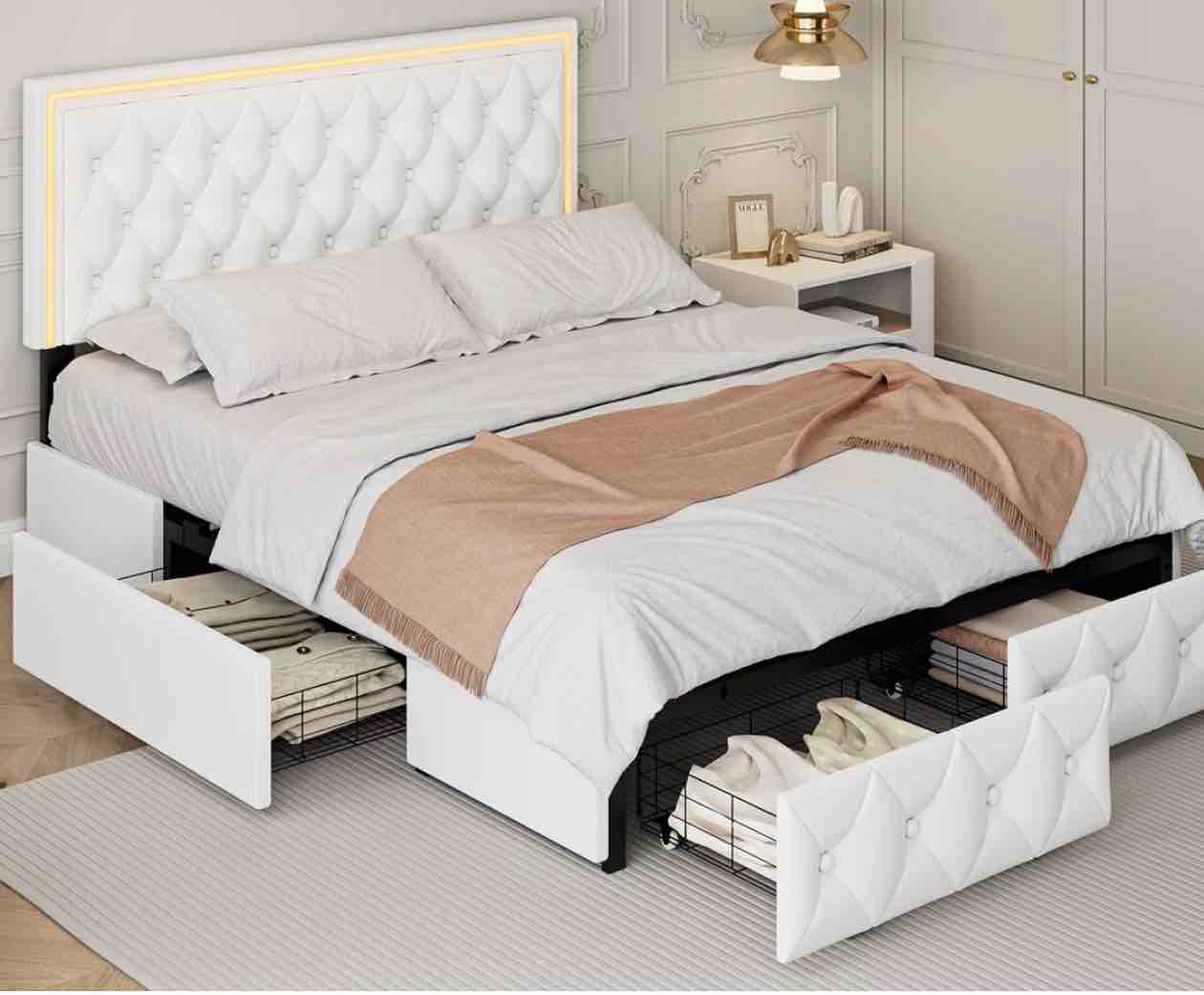 Athanasius Modern LED Platform Bed PU Upholstered Bed with Storage Drawers  