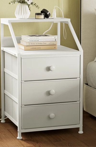Sereena Nightstand with 3 Drawers & 2 USB Ports Bedside Table with Outlets, Stable Metal Frame 