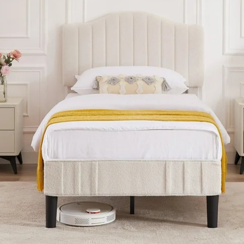 VECELO Twin Size Bed Frame with Upholstered Flannel Fabric Adjustable Headboard, Strong Wood Slats Supports, No Box Spring Needed, Beige