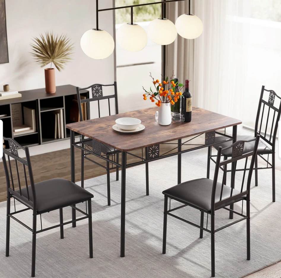 VECELO Modern 3/5-piece Dining Set Tempered Glass Top and Wood Top, Steel Dining Table and Chair Set of 2/4 - 5-Piece Sets - Retro-Brown