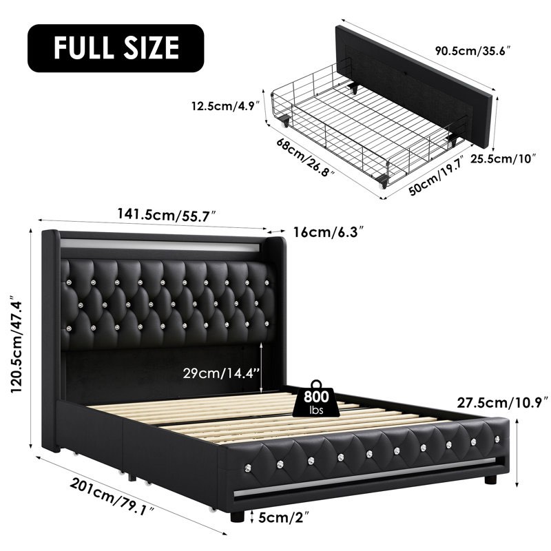 Glastonbury Upholstered Wingback Bed, 4 Drawers Storage Bed with LED Light