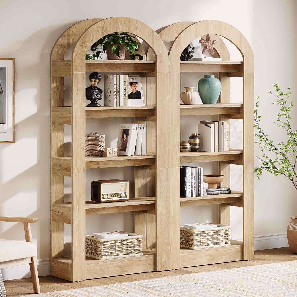 70.9" Tall Arched Bookcase Set (set Of 2), Modern 5-tier Open Bookshelf For Home Office, Bedroom, Living Room