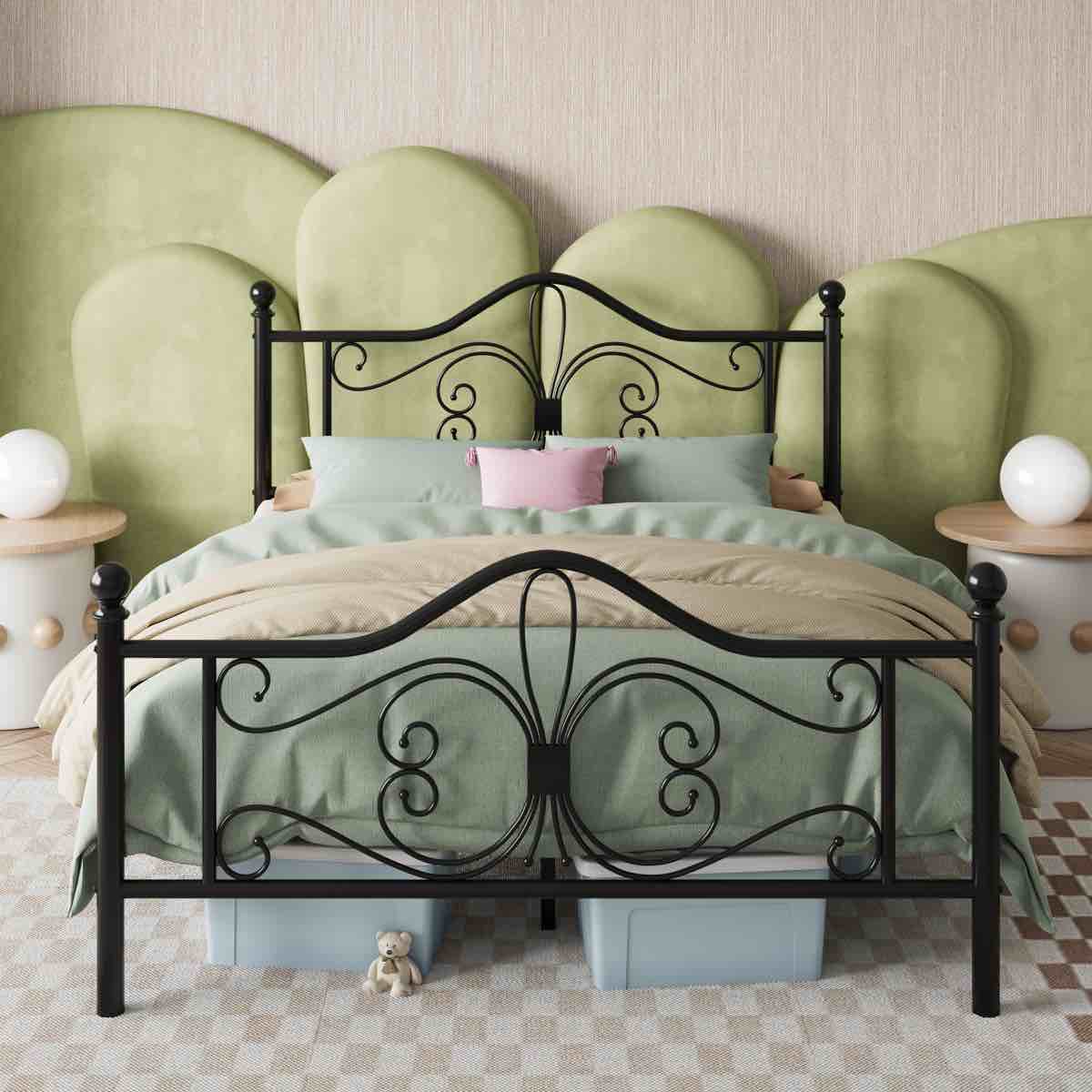 Anterrio Metal Open-Frame Bed with Butterfly Pattern Design Headboard and Footboard