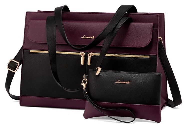 LOVEVOOK Laptop Tote Bag for Women, 15.6 Inch Large Capacity Vintage Leather Work Computer Bag, Business Casual Shoulder Handbag, Dark Brown