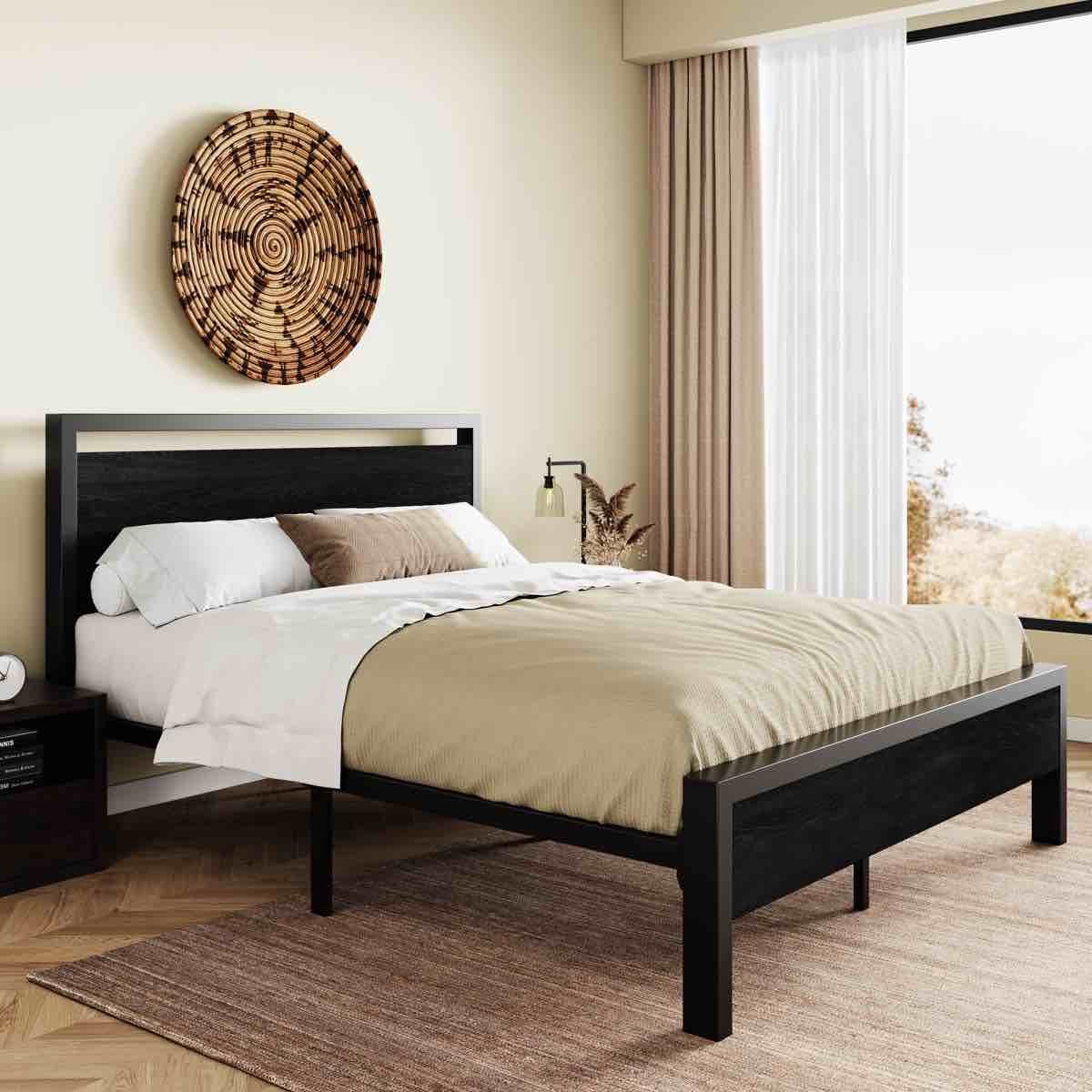 Metal Frame Platform Bed with Wood Headboard