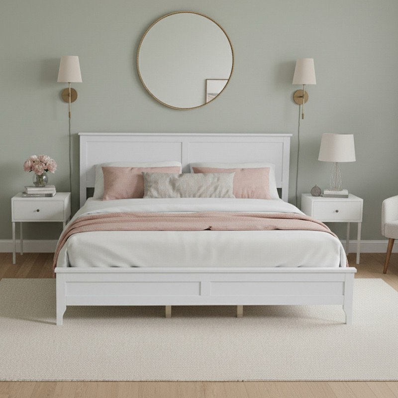 White Platform Bed with Headboard