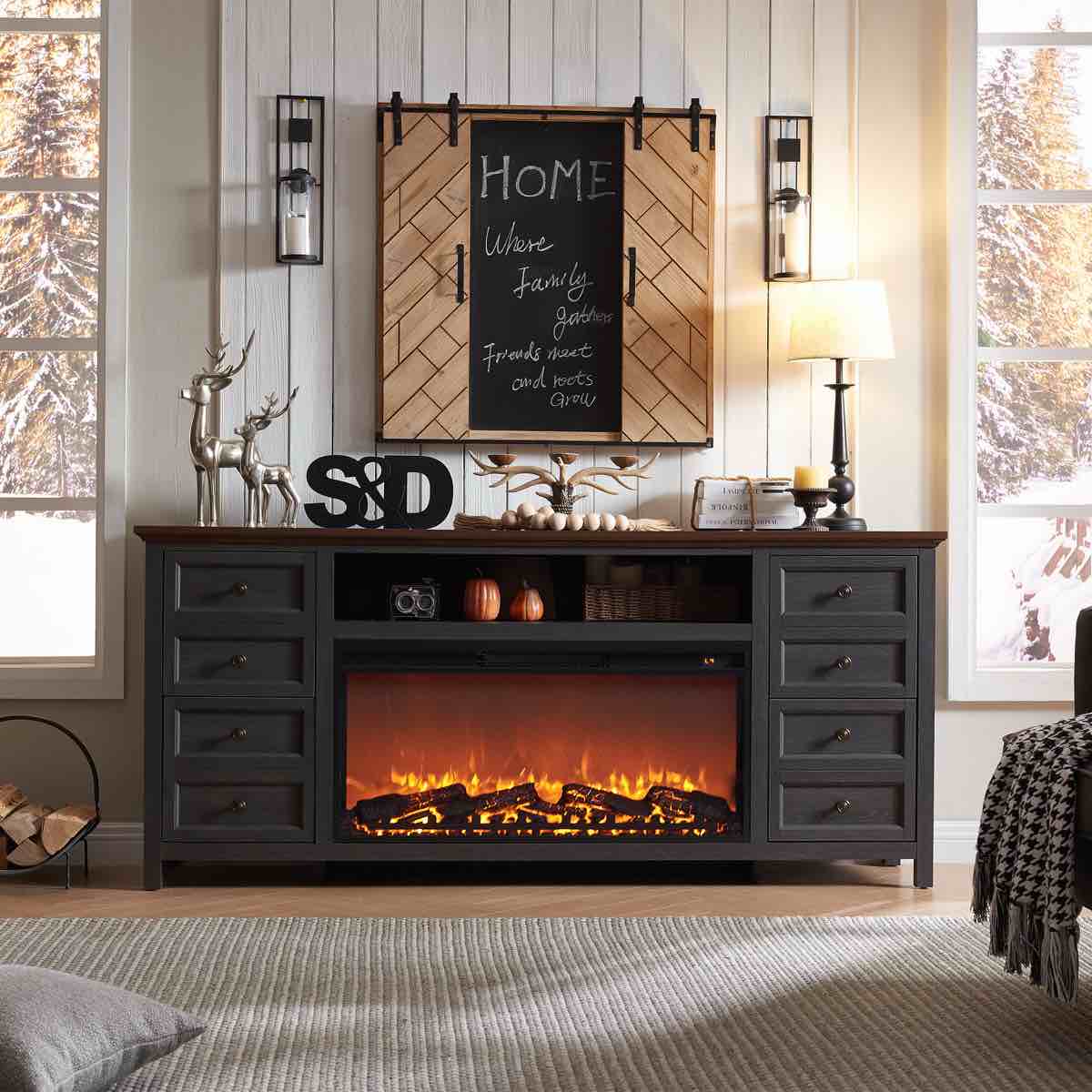 Conogher Farmhouse Fireplace TV Stand with 36" Electric Fireplace for 80 Inch TVs