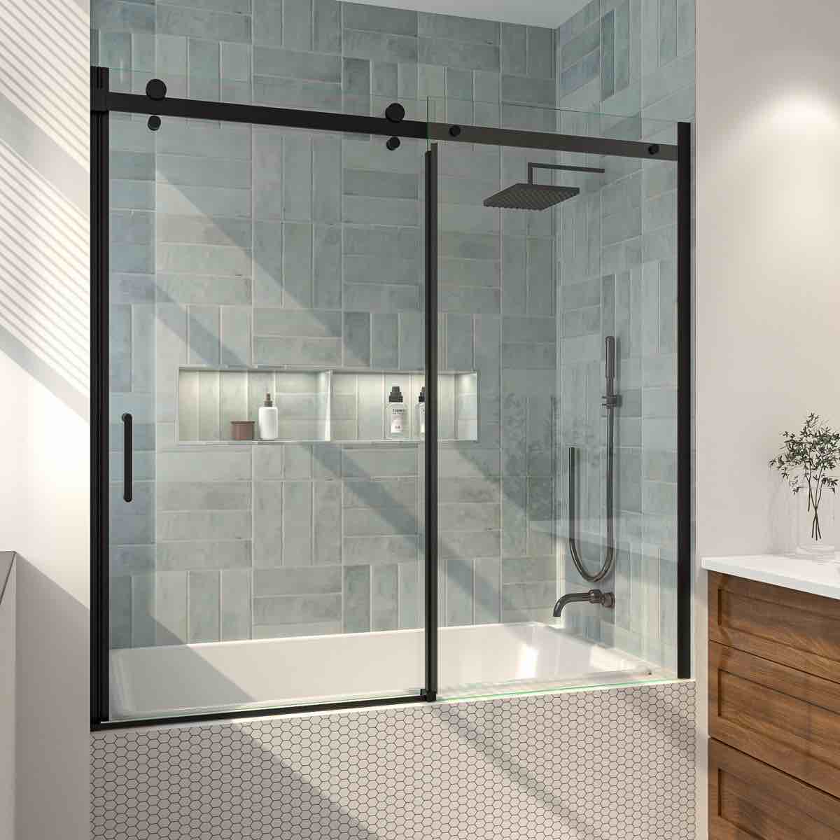 56" - 60" W x 58" H Single Sliding Frameless Tub Door with Clear Glass SDSS-5658-MB