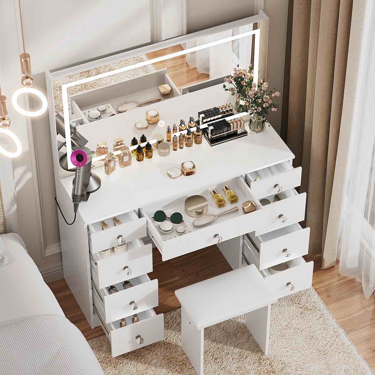 Greyden Vanity Set With LED Mirror & Power Outlets, 9 Drawers with Diamond Handles