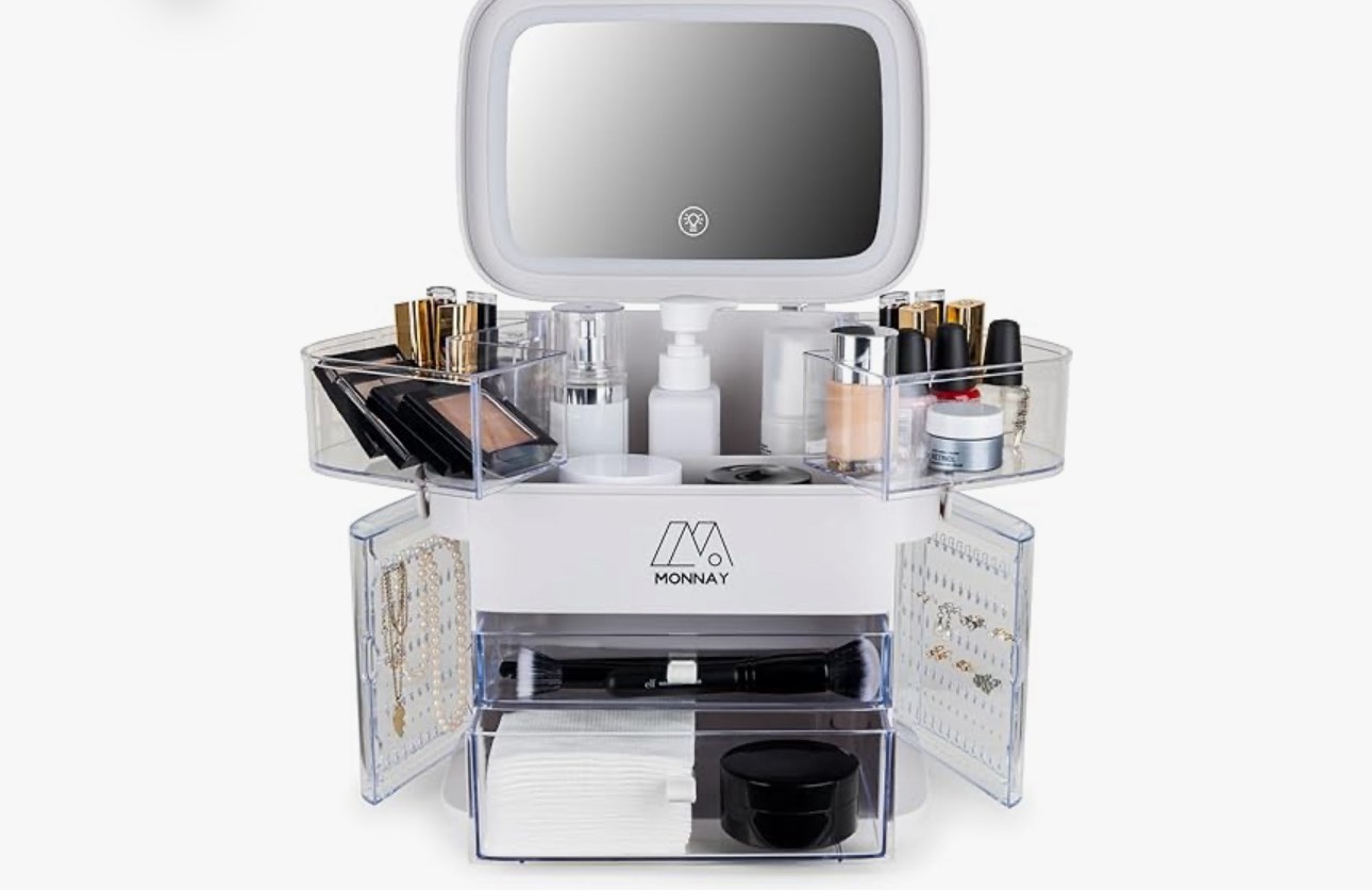 Luxury Cosmetic Beauty and Makeup Organizer and Storage with LED Light Cosmetics Organizer Box for Countertop with Lid, Drawers & handle, Portable Cosmetics Skincare Organizers Box (White)