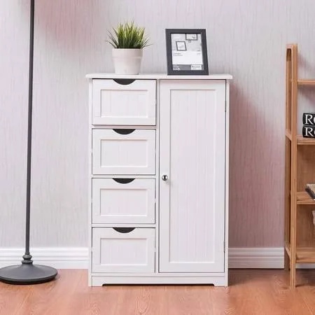 Ktaxon Wooden Bathroom Floor Cabinet Side Storage Organizer Cabinet with 4 Drawers 1 Cupboard & 2-Shelves MDF White