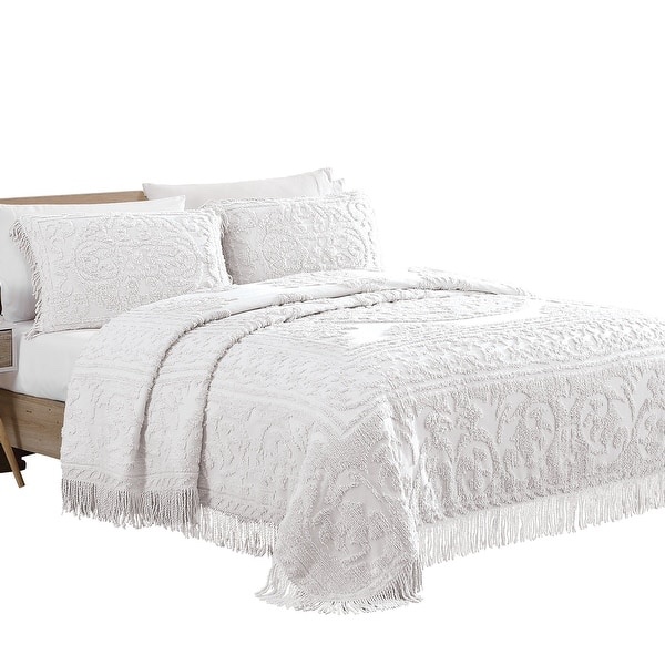 Luxurious Medallion Chenille Fringe Border Bedspread - Ivory - Queen
