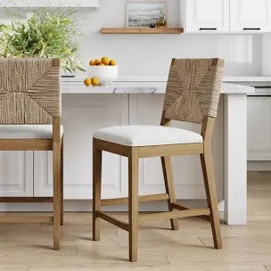 Nathan James Beacon Bohemian Boucle Bar Stool, Upholstered Counter Height Chair with Solid Wood Frame and Woven Seagrass Back for Kitchen Island, Light Brown/Seagrass/Cream Boucle, Set of 2