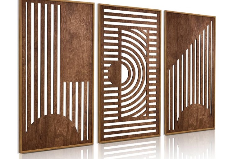 TOARTi Abstract Geometric Framed Wooden Wall Art Decor(16"x32"x3pcs), Large Vintage Mid Century Rectangle Wall Sculptures, Rustic Minimalist Geometry Artwork for Home Bedroom Living Room