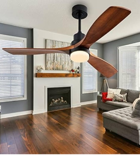 Ceiling Fans with Lights, 52 Inch Outdoor Ceiling Fan with Remote, 6 Speeds Reversible Noiseless DC Motor Modern Ceiling Fan with 3 Walnut Wooden Blades for Patio, Porch, Bedroom, Living Room