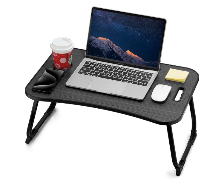 Laptop Bed Desk, Foldable Lap Table, Portable Study Table, Laptop Stand with Cup Holder & Tablet Slot & Lifting Handle for Working Writing Drawing & Eating - Black