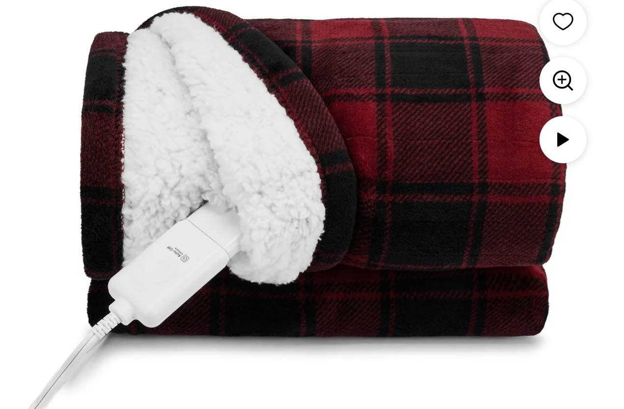 Sunbeam Throw Red & Black Buffalo Plaid Microplush Sherpa (Faux Shearling), 4 Heat Settings, 4-Hour Auto Shut-Off, Electric Heated Blanket, 50” x 60”