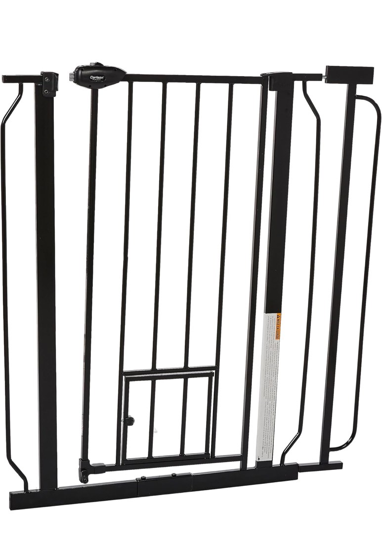 Carlson Extra Tall Walk Through Pet Gate with Small Pet Door, for Openings 29"-39" Wide,Includes 4-Inch Extension Kit, 4 Pack Pressure Mount Kit and 4 Pack Wall Mount Kit, Black