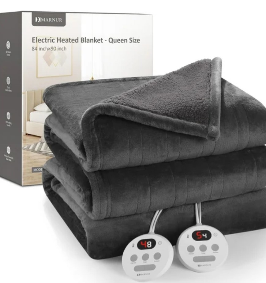 MARNUR Electric Heated Blanket Queen Size 84''x90'', Fast Heating with Dual Controllers, 10 Heating Levels, 10H Timers, Preheat Function Machine Washable - Gray