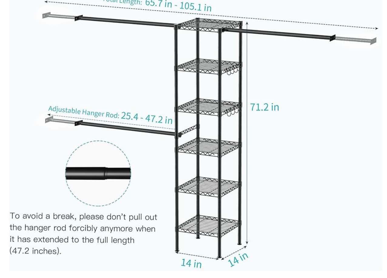 Ulif M1 Closet Storage Organizer System, 6 Tiers Heavy Duty Metal Garment Rack with 3 Expandable Hanger Rods, Wall Mounted Space Saver Suits from 5.4-8.7 ft. Width, 71.2”H x 14”D, 700LBS, Black