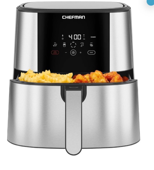 Chefmaan TurboFry Air Fryer, 8 Quart Capacity with Stainless Steel Finish, Basket Divider for Dual Cooking, 4 Presets, Digital Touch Control, Dishwasher Safe, 1700W, Compact Design