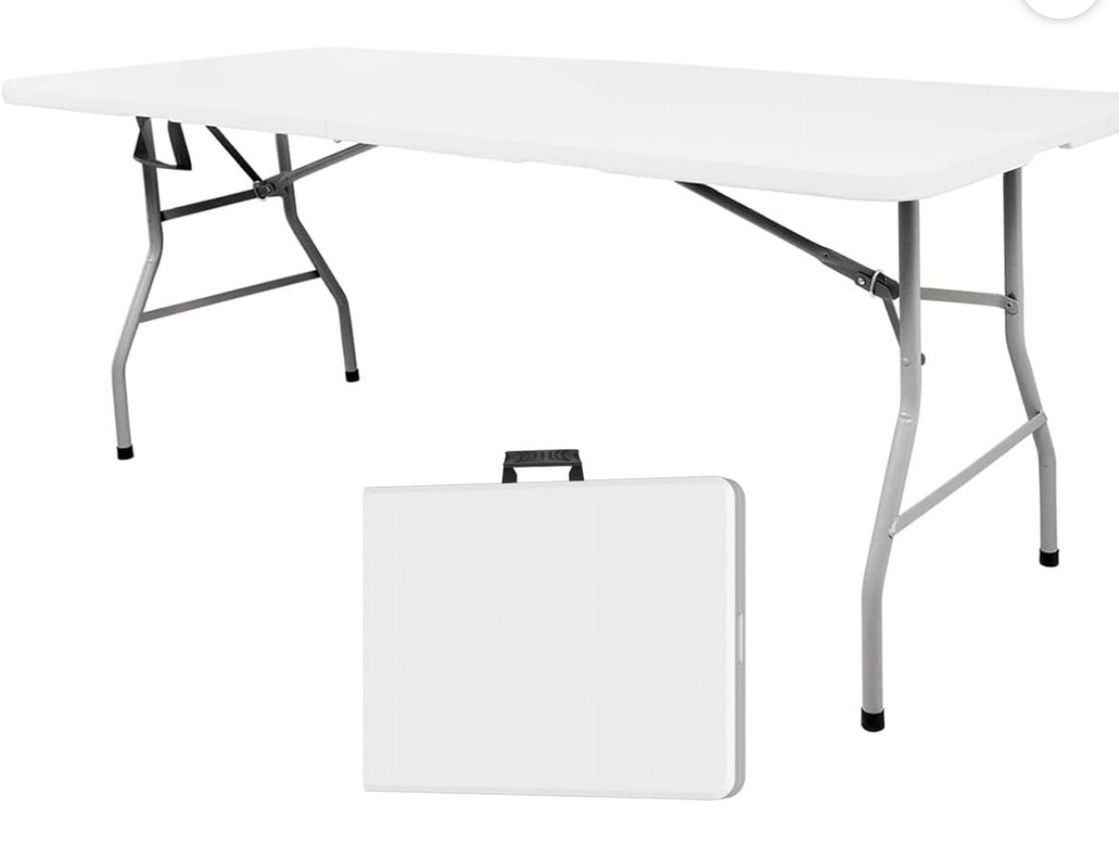Outdoor Folding Table 6 ft, Portable Outdoor Picnic Table for Camping, Party and Wedding, with Handle and Lock - White ( Has a Damage on top shown in picture)
