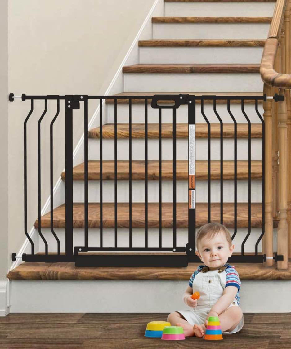 Mom's Choice-GROWNSY Baby Gate for Stairs, 29.5"-48.4" Pressure Mounted Baby Gate for Top of Stair&Doorway with Y-Spindle Rods, Anti-Trip Pedal, Wide Stairs Dog Gate Easy Install w/Red Reminder,Black