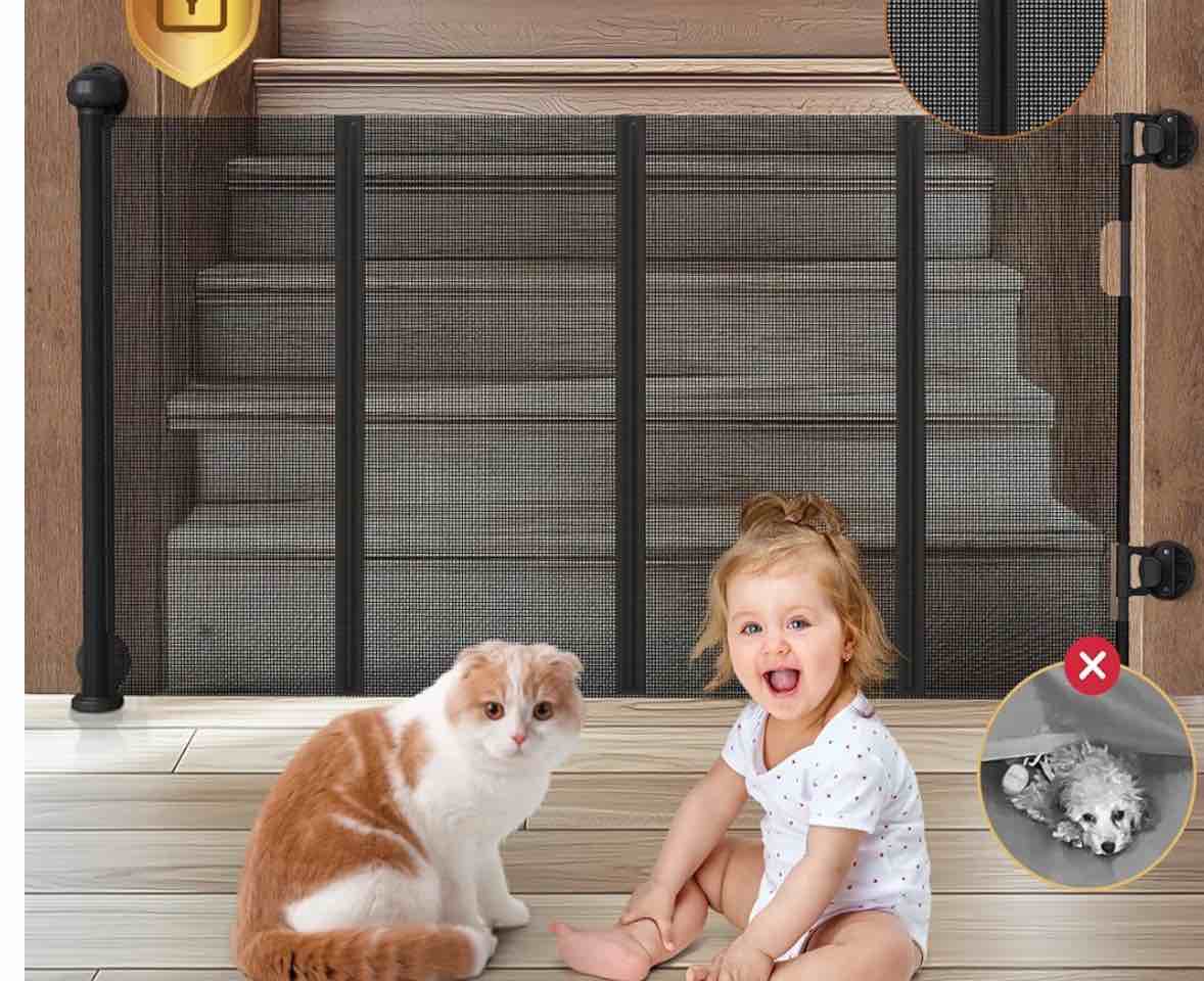Retractable Baby Gates No Drill for Stairs Doorways with Auto-Lock, with Reinforced Strip Design to Prevent Crawling Through 33" *55'' Mesh Baby/Dog/Pet/Cat Gate Safety Double Locking Black