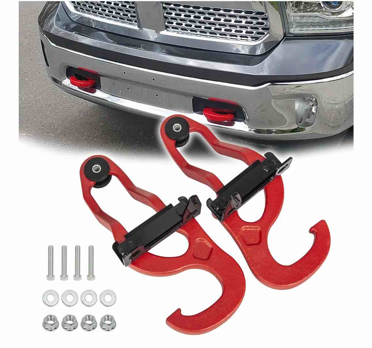 Heavy Duty Front Tow Hooks Compatible with 2009-2024 Dodge Ram 1500 Classis(DS) Exclude Warlock, Replace OE 55398284AA 55398285AA 82210967 68196982AA, Left & Right, Red