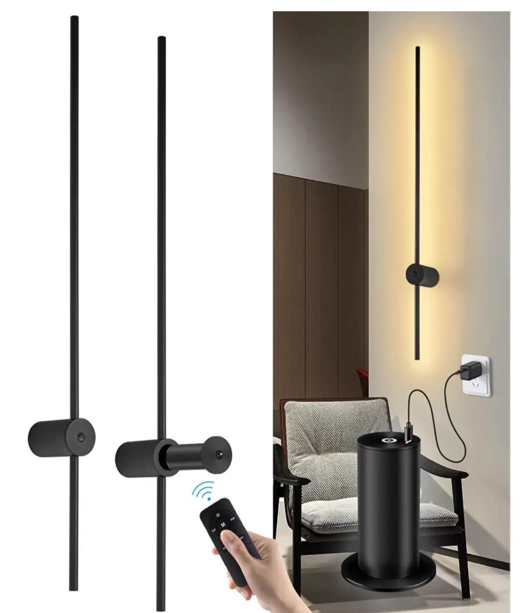 Battery Operated Wall Sconces, USB Rechargeable Wall Sconce Set of Two, Dimmable LED Wall Lights Indoor, 360° Rotate Cordless Wall Lamp for Living Room Bedroom Hallway, Black, 40In ( Missing Remote)