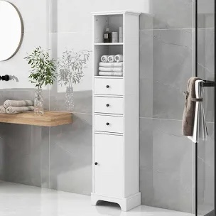 Flanning Freestanding Bathroom Cabinet, Tall Storage Cabinet with Drawers and Adjustable Shelves