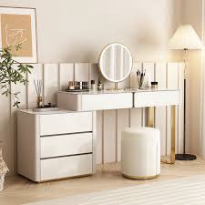 Vanity Set: Saddle Leather-Finished Slate Top Vanity Table & Stool, Accented with Stainless Steel, and Equipped with Dimmable LED Makeup Mirror