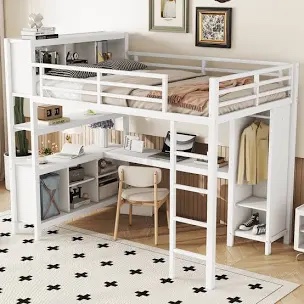 (Missing a box. box 2/2) Heavy Duty Metal Loft Bed with Wardrobe and L-Shaped Desk, Loft Bed with Storage Cubes and Shelves, Durable Loft Bed for Kids, Teens, and Adults