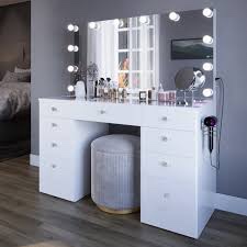 boahaus leonore extra-large makeup vanity, led lighted mirror, usb- c/usb outlet, 9 drawers and glass top