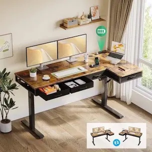 electric standing desk with 4 under-desk drawers, height-adjustable desk with built-in power outlets,standing desk with reversible structure,home office desk with hidden desk-mounted cable management tray