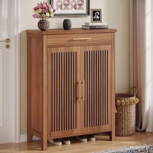 5-tier shoe storage cabinet with doors and drawer, wooden shoe rack organizer